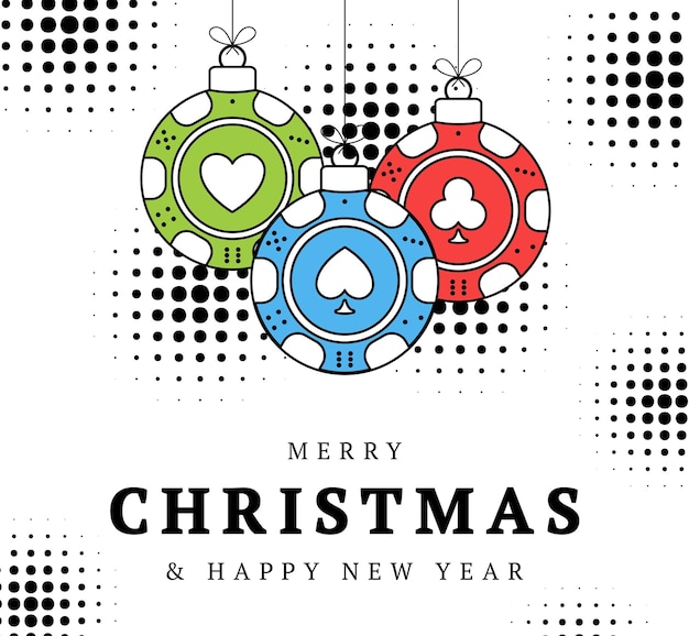 Poker christmas greeting card in trendy line style Merry Christmas and Happy New Year outline cartoon Sports banner casino chip as a xmas ball on white background Vector illustration