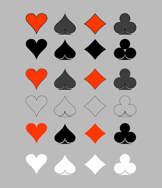 Vector poker playing cards suits symbols spades hearts diamonds and clubs blackjack card icons