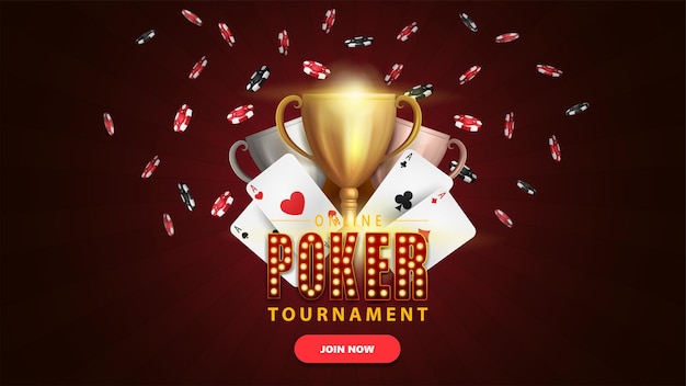 Poker tournament dark and burgundy banner with button symbol with lamp bulbs cards chips and champion cups