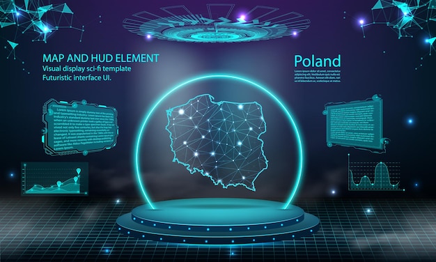 Poland map light connecting effect background abstract digital technology UI GUI futuristic HUD Virtual Interface with poland map Stage futuristic podium in fog