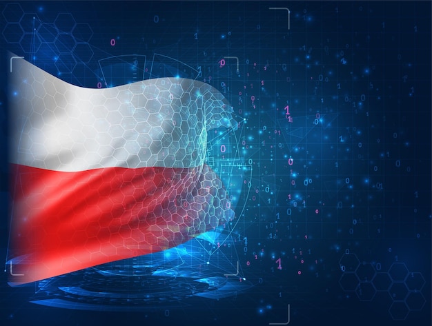 Poland, vector 3d flag on blue background with hud interfaces