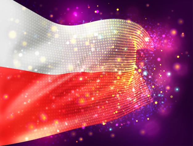 Poland, vector 3d flag on pink purple background with lighting and flares