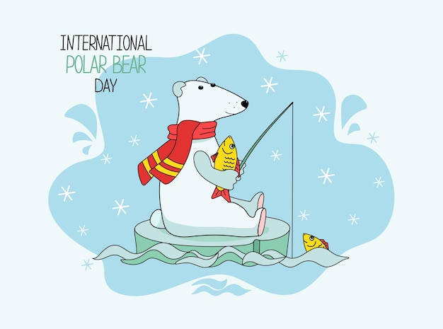 Vector polar bear day cartoon bear catches fish polar bear sits on ice floe signed card hand lettering