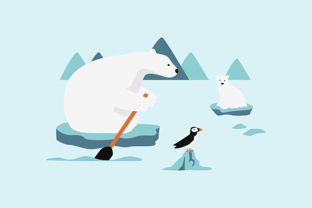 Polar Bear And His Baby Sitting On A Melting Ice In A Sea Vector Illustration