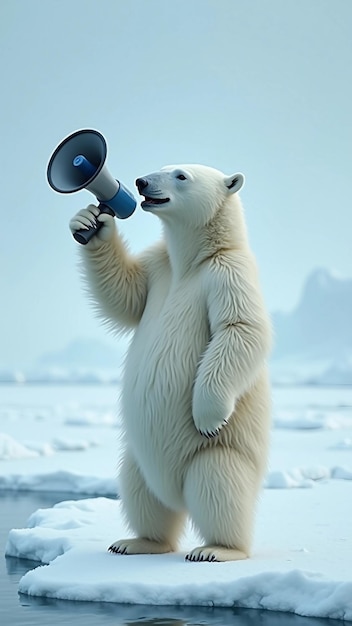 Polar bear holding a megaphone on ice