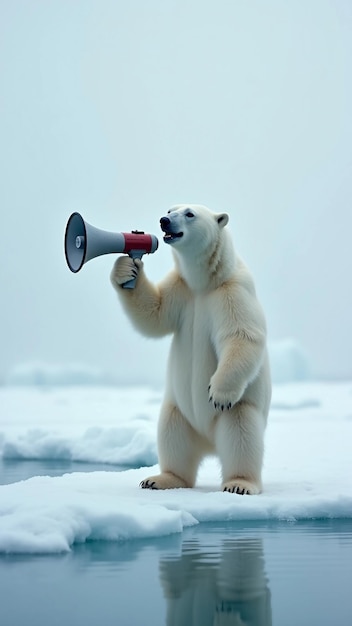 Polar bear holding a megaphone on ice