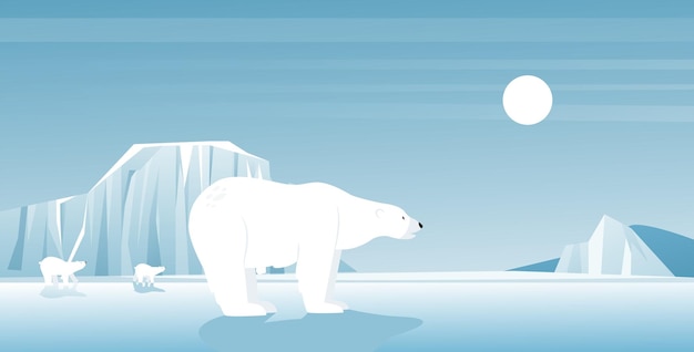 Vector polar bear in ice arctic landscape north winter scene wild animals in cold climate