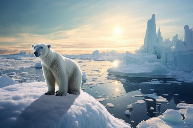 polar bear on ice with the sun behind him