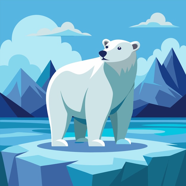 Vector a polar bear is standing on an ice floe with mountains in the background