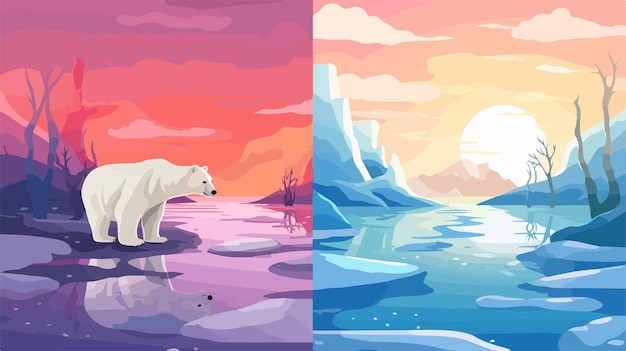 Vector a polar bear is standing on a rock and has a red and blue background