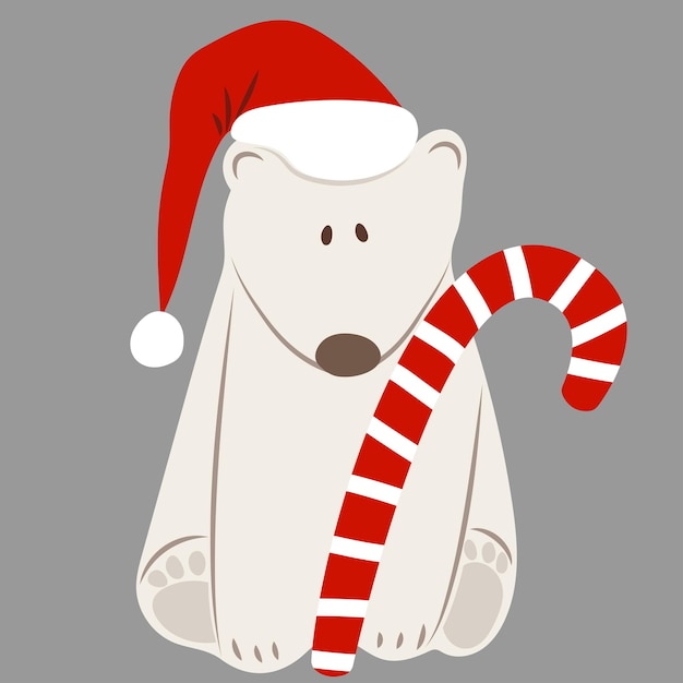 Polar bear in Santa hat with candy cane on grey. festive clip art for Christmas or new year card