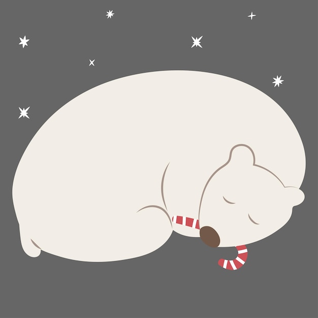 Polar bear sleep with candy cane under stars sky on grey festive clip art for Christmas or new year