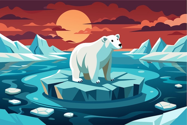 Vector a polar bear stands on an ice floe in the arctic landscape