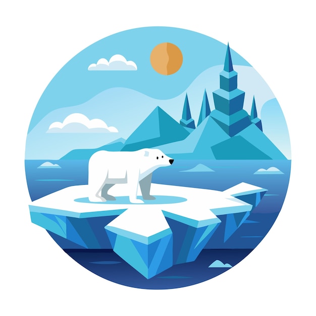 Vector a polar bear stands on a piece of ice in front of a mountain