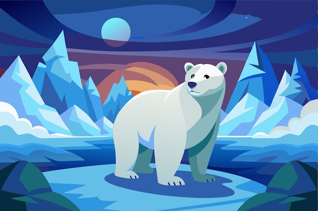 Vector a polar bear surveys its icy surroundings as the sun sets casting hues of color across the arctic landscape polar bear in the north