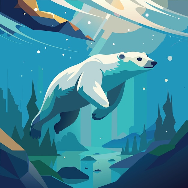 Vector polar bear swimming underwater flat vector