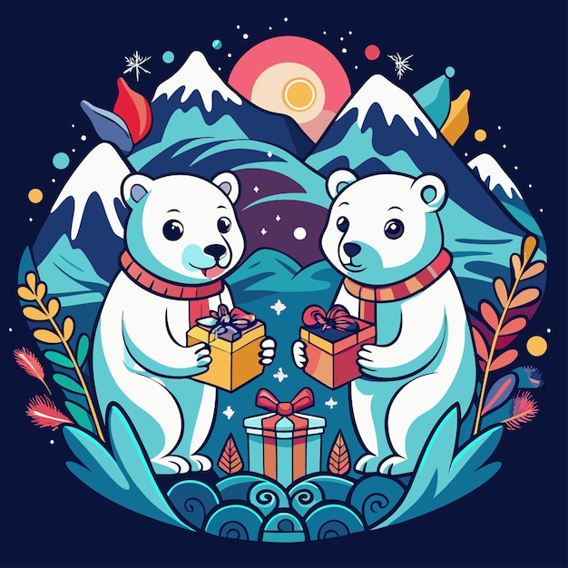 Polar Bears Exchanging Gifts Vector Art Enchanting Winter Holiday Scene