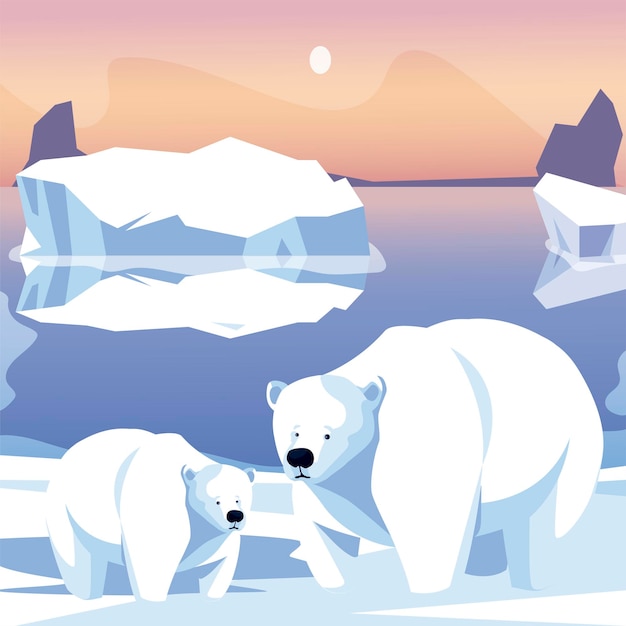 Polar bears family in snow iceberg north pole scene  illustration