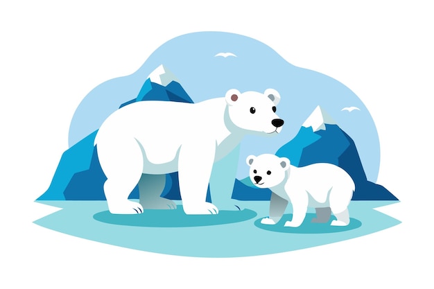 Vector polar bears standing on ice in arctic mountains