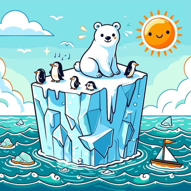 Vector polar bears sunbathing on an ice berg cartoon illustration