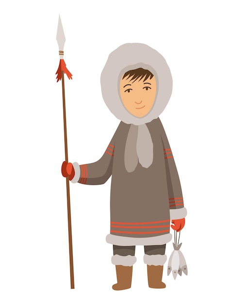 Polar eskimo character. Indigenous fisherman wearing traditional warm clothes. Person with caught fish. Traditional ethnic character