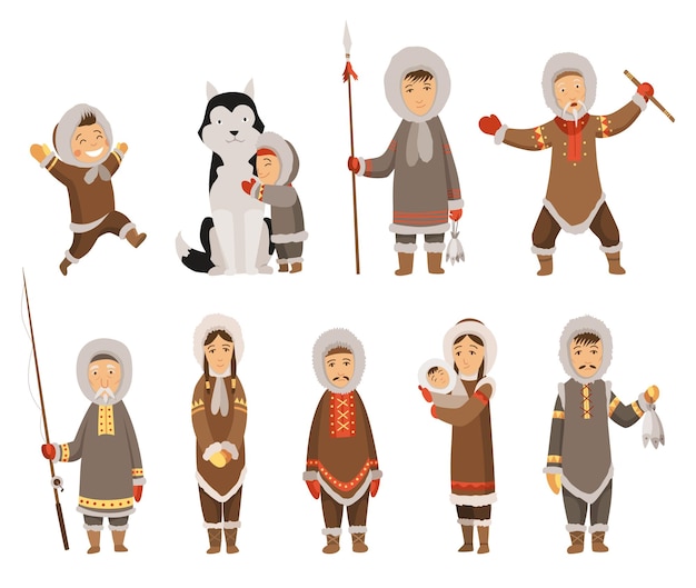 Polar eskimo characters Indigenous people wearing traditional warm clothes Group of different traditional ethnic persons