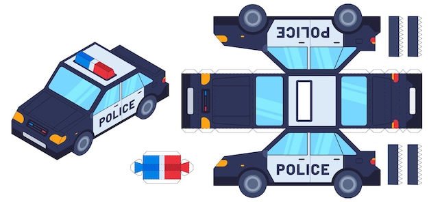 Police car paper cut toy. Kids crafts, create toys with scissors and glue. Paper cop vehicle, 3d model worksheet vector template. Illustration glue craft car, paper application kit