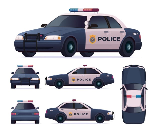 Vector police car set patrol official vehicle cop automobile chase and pursuit criminals view front top