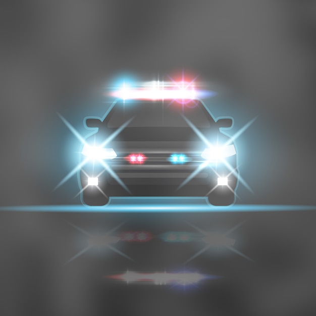 Vector police car with headlights flares and siren at the night road. special red and blue light beams