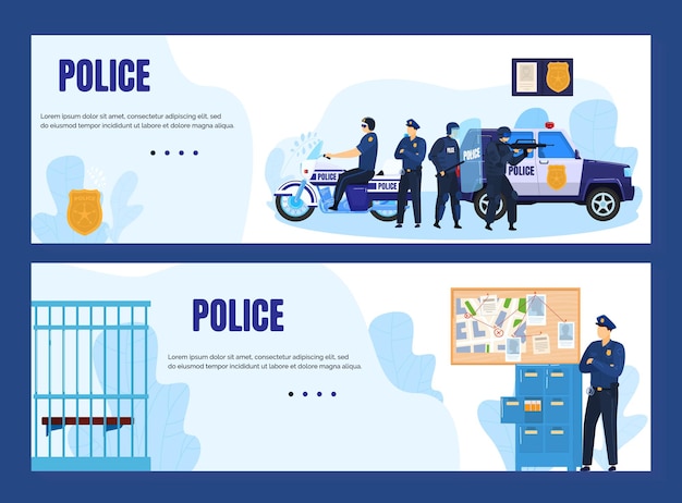 Police concept with officers and police station banners  illustration.