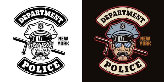 Police department vector emblem label badge or logo with policeman in cap in two styles black on white and colorful on dark background