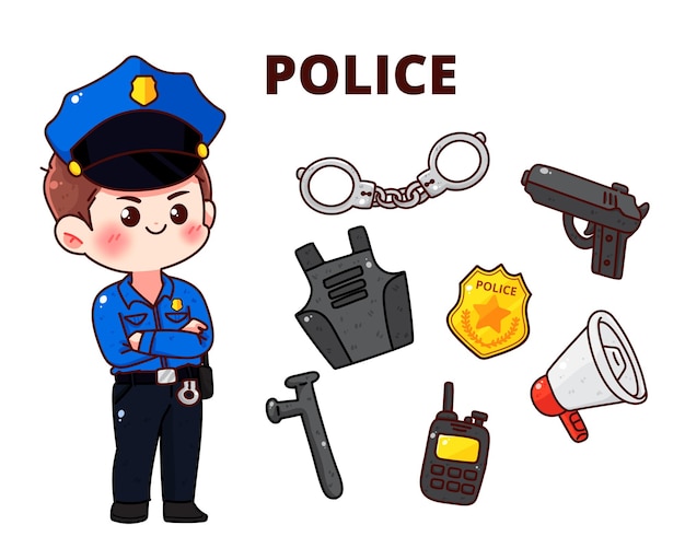 Police equipment policeman character security service cartoon concept cartoon hand drawn cartoon art illustration