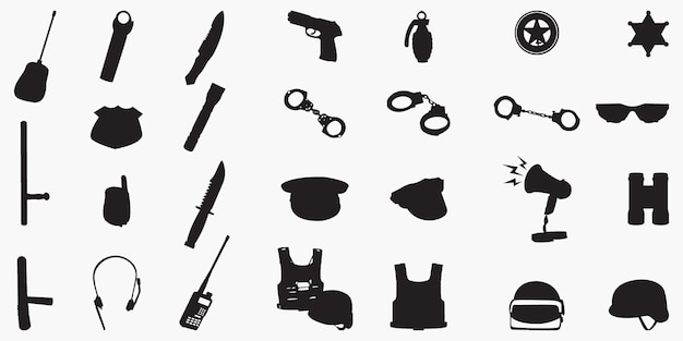 Police Equipment Set Silhouettes