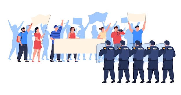 Police guard a crowd of protesters participating in a protest rally with flags and banners Dispersal of the rally Vector illustration