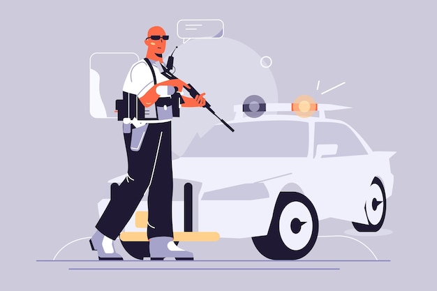 police guy and car illustration. police officer in uniform standing with weapon flat style.