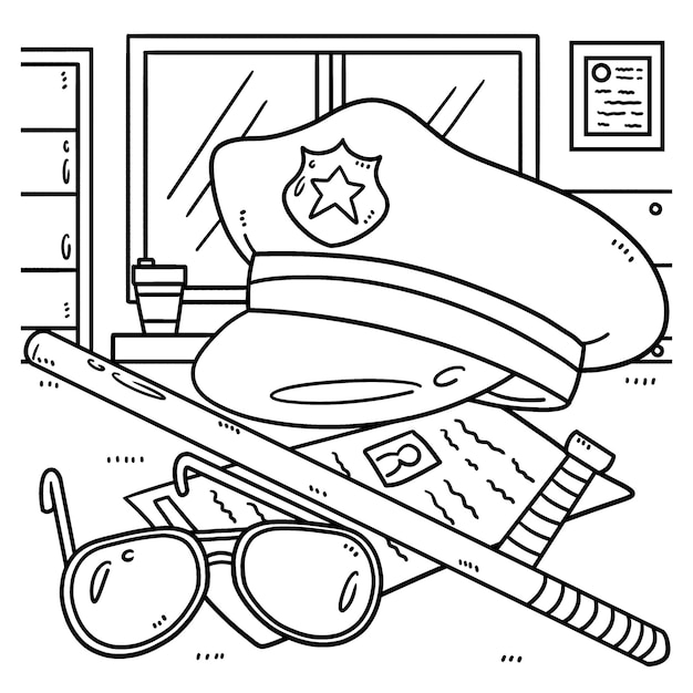 Police Hat And Baton Coloring Page for Kids