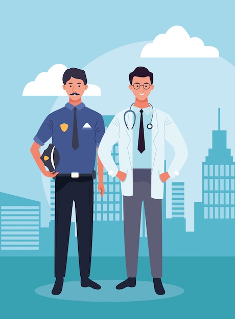 Police man and doctor standing over urban city buildings scenary