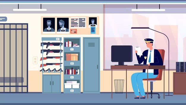 Vector police office. law enforcement room city department. cop in uniform working on professional investigator in cabinet interior vector concept. illustration cop office, city station department police