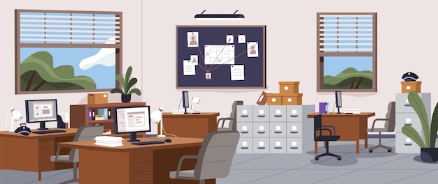 Police office, station interior. Inside of empty investigation department of detective bureau. Workplace with furniture, confidential evidence board and computer desks. Flat vector illustration