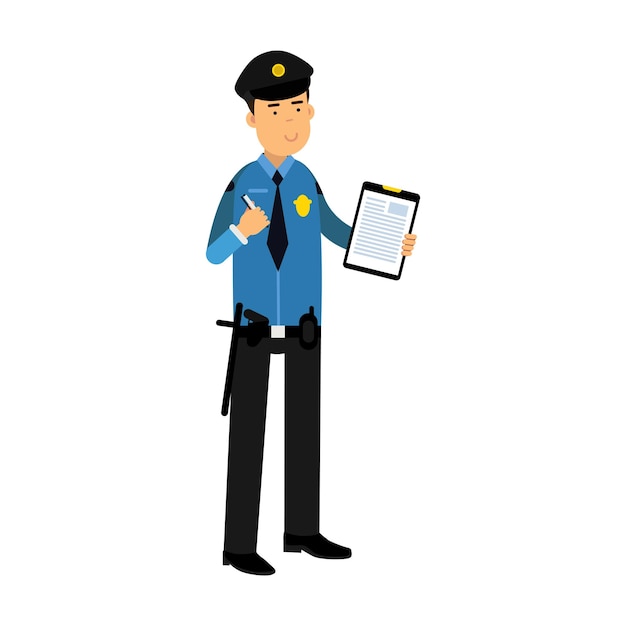 Police officer character in a blue uniform holding clipboard with form for police report vector Illustration on a white background