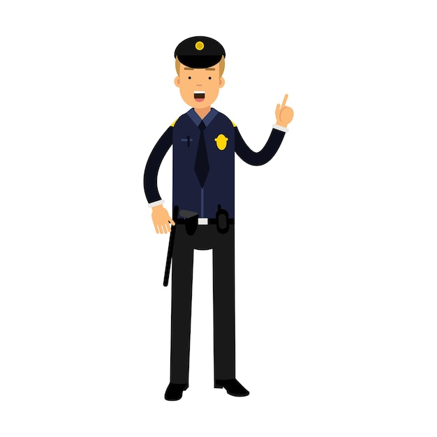 Police officer character in a blue uniform with raised index finger vector Illustration on a white background