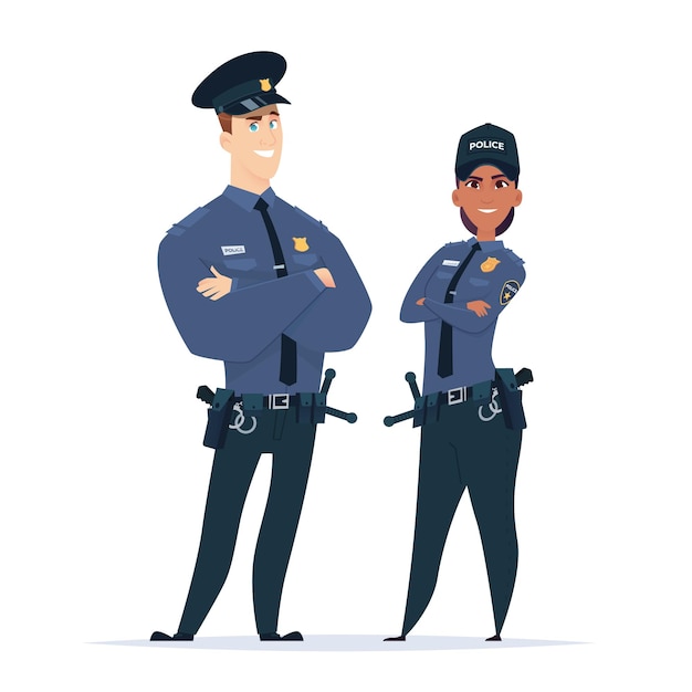 Police officer couple in the uniform standing together Police characters Public safety officers