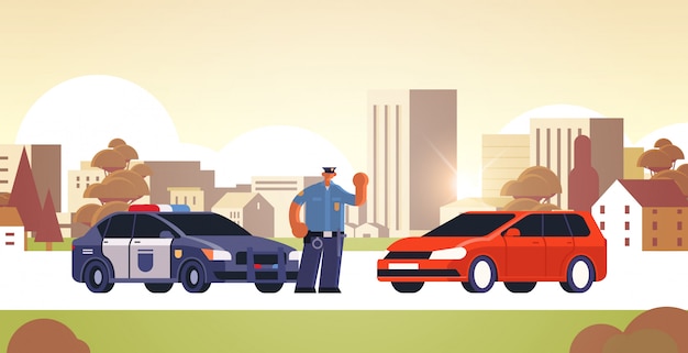 police officer stopping the car checking vehicle on road traffic safety regulations concept cityscape