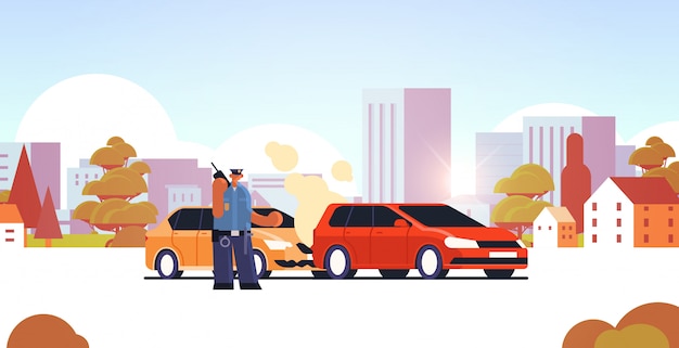 police officer using walkie-talkie policeman standing near damaged autos traffic safety regulations service car accident concept cityscape