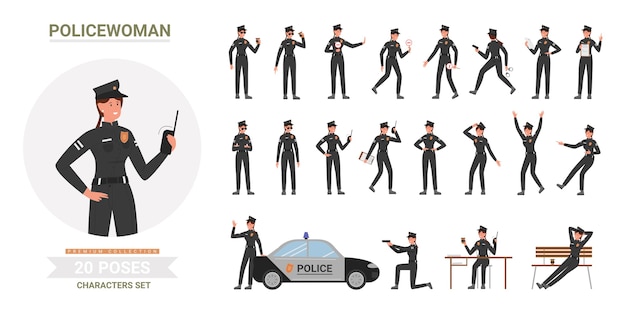 Police officer woman poses cartoon set, policewoman in black uniform works in office or street