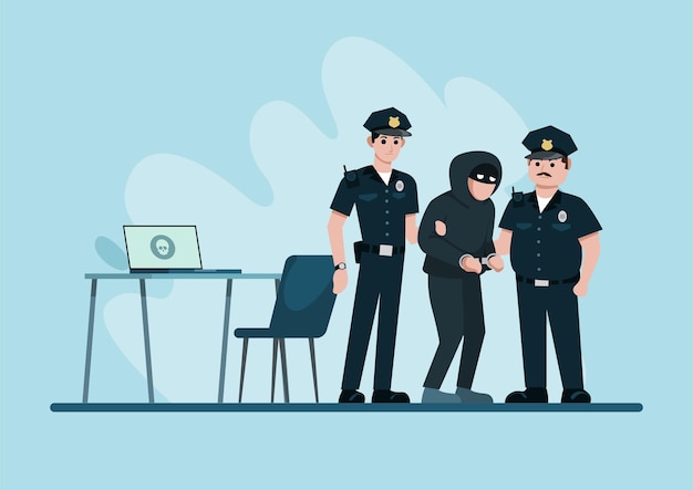 Police officers arresting hacker vector illustration