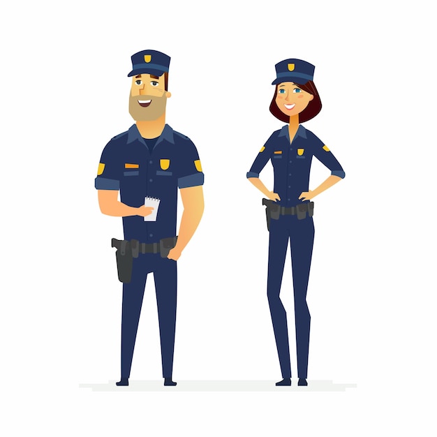 Police officers on duty - cartoon people characters illustration isolated on white background. Young smiling standing man and woman in typical uniform with holsters. Male worker is holding a notebook