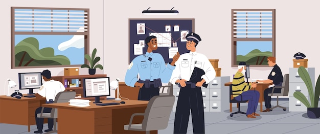 Vector police officers inside detective bureau. policemen in uniform talking and working at computers in investigation department. people, cops in law authority interior panorama. flat vector illustration.