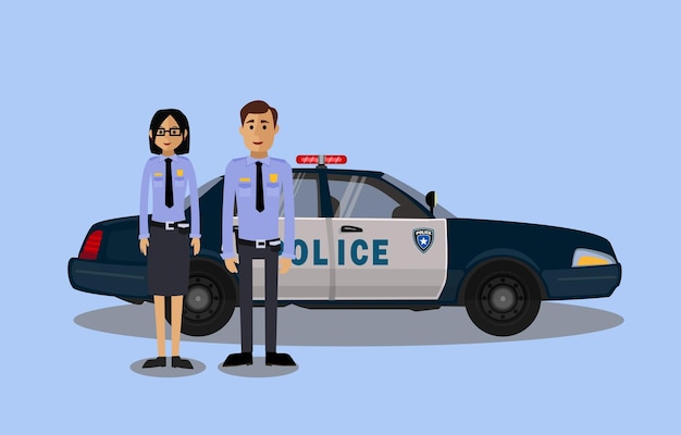 Police officers near the patrol car. Vector illustration.