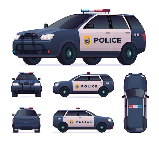 Vector police patrol car set view front rear side top